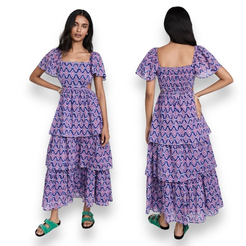 Banjanan Bonnie Dream Granada Tiered Maxi Purple Cotton Dress Size X-Small XS
